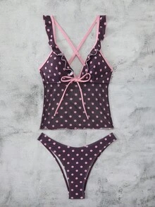 Swim Mod 女士新款甜美波点荷叶边比基尼套装，夏季海滩度假装 - 彩色 - 查看 6