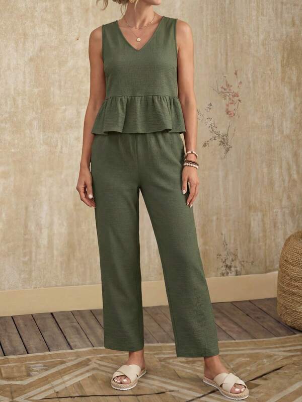 EMERY ROSE Ladies' Vacation & Leisure Solid Color Ruffle Hem Tank Top And Long Pants Set