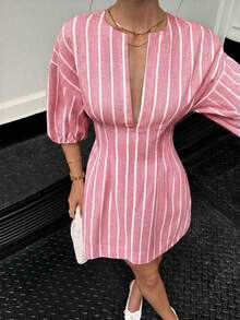 Siren Gaze 女士夏季时尚条纹V领迷你连衣裙，粉色连衣裙，粉色条纹连衣裙，女士夏季连衣裙，夏季条纹迷你连衣裙，女士休闲连衣裙 - 粉色 - 查看 7