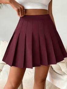 Almamuse 纯色百褶高腰休闲夏季半身裙 - 酒紅色 - 查看 3