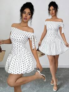 Elenzga 女士新款夏季波点印花无袖吊带蝴蝶结不对称优雅浪漫休闲度假白色连衣裙 - 白色 - 查看 1