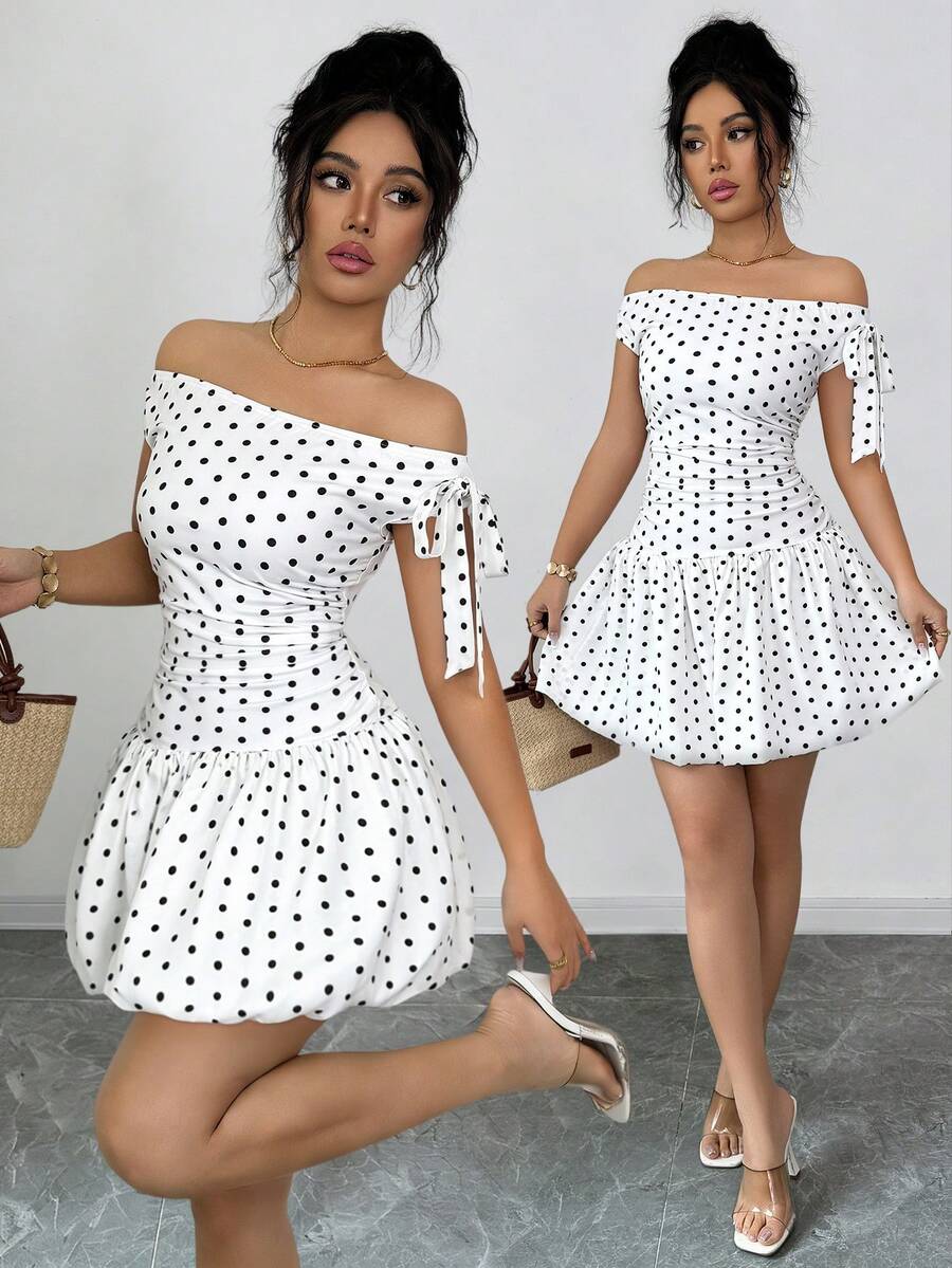 Elenzga 女士新款夏季波点印花无袖吊带蝴蝶结不对称优雅浪漫休闲度假白色连衣裙 - 白色 - 查看 1