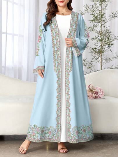 SHEIN Najma Đầm maxi nữ cỡ lớn màu xanh nhạt in họa tiết hoa, kiểu dáng thanh lịch Ả Rập, áo khoác cardigan dài tay thời trang xuân/thu, trang phục châu Á.