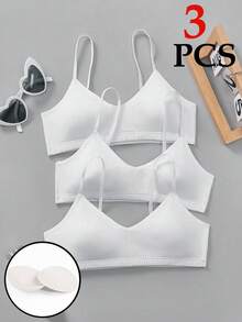 SHEIN 3 piezas Conjunto de lencería básica con cuello en V acolchado y transpirable para niñas preadolescentes, color blanco - Blanco - Ver 7