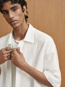 TOKVUE 男士单排扣休闲宽松镂空短袖衬衫 - 白色 - 查看 3