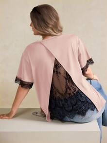 Elegantrix Áo thun dáng chữ A phối ren tương phản dành cho nữ cỡ lớn, thích hợp cho mùa xuân/hè. - Hồng - Xem 4