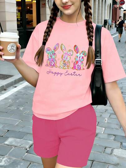 Tween Girls Rabbit Print Short Sleeve Leggings Set, Casual Comfortable Spring/Summer Outfit, Versatile Design Suitable For Outdoor, Sports, Photography, Home, School, Festivals, Gifts