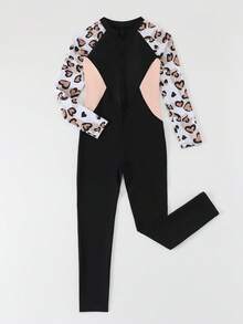 SHEIN 少女连体泳衣，黑粉拼接，长袖长裤，豹纹爱心印花，运动风，时尚优雅，淑女范儿，活泼可爱，充满活力，适合游泳、海滩、泳池、拍照、水上乐园、水疗中心等场合，是夏季礼物的理想之选。 - 黑色 - 查看 6