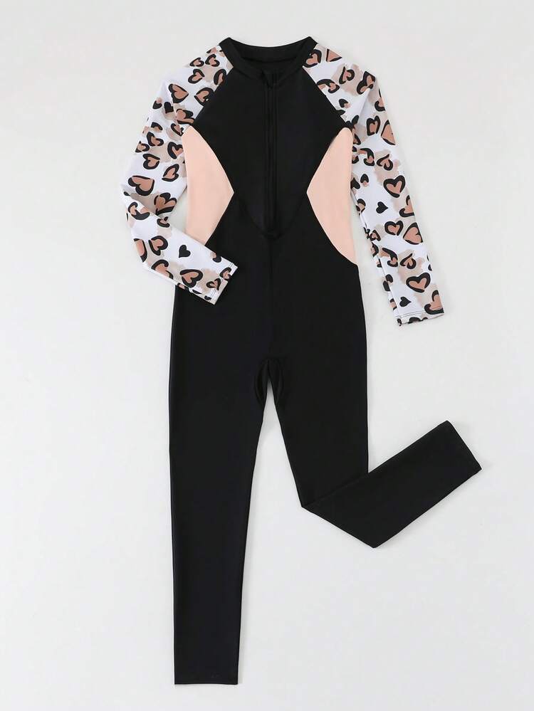 SHEIN Tween Girls One-Piece Swimsuit,Black & Pink Patchwork,Long Sleeve & Pants,Leopard Heart Print,Cute Summer Beach Rash Guard,Full Coverage Bathing Suit - Black - View 8
