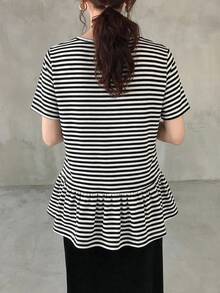 Camiseta de manga corta con cuello redondo y estampado para niñas preadolescentes, de verano - Blanco y Negro - Ver 2