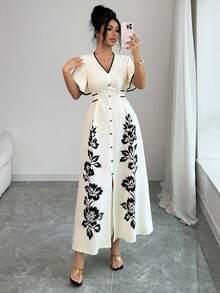 Ellegaria. 女士夏季新款度假休闲V领撞色印花收腰短袖A字连衣裙 - 杏色 - 查看 5