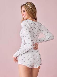 Bonmuse Women's Long Sleeve Floral Print Contrast Lace Trim Fitted Jumpsuit Pajamas - White - View 2
