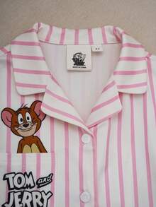 TOM & JERRY X SHEIN 女童夏季休闲条纹卡通印花短袖衬衫和裤子睡衣套装 - 淺粉色 - 查看 3