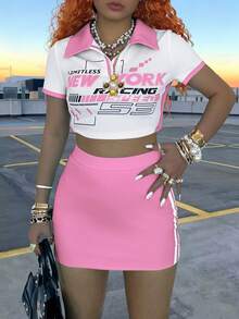 Rovax 女士夏季休闲字母印花短款T恤和迷你裙两件套 - 彩色 - 查看 5