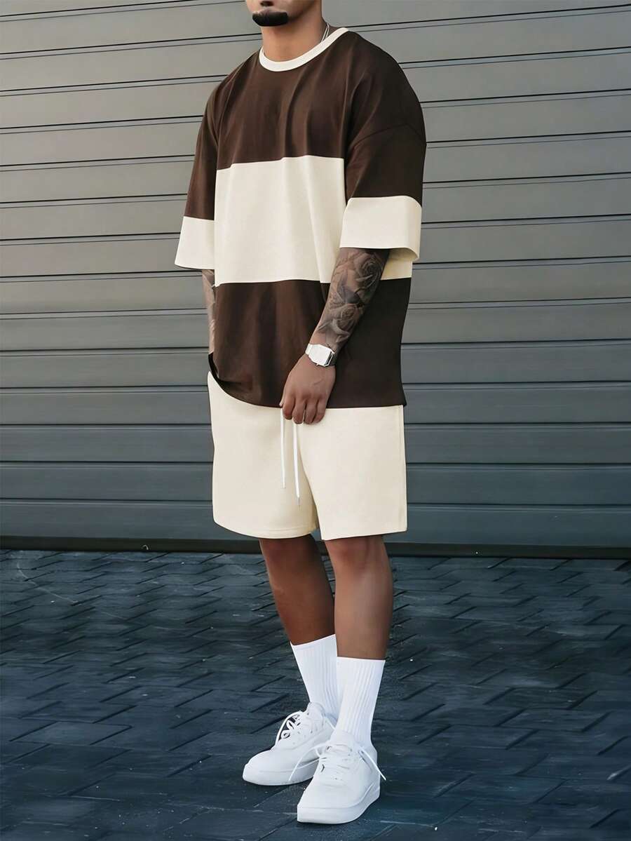 Manfinity Homme 男士撞色圆领短袖休闲T恤和抽绳短裤套装，男士撞色套装，男士两件套，棕色针织衫，男士棕白衬衫，男士棕色套装，适合日常休闲、周末旅行、户外活动、探险旅行、轻松的工作环境或半正式场合，可作为男友/丈夫礼物、周年纪念/生日礼物、派对、暑假、婚礼、春夏装扮。 - 杏色 - 查看 1
