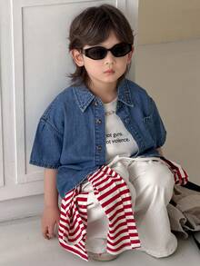 DAZY 男童休闲水洗短袖牛仔上衣 - 中等水洗藍 - 查看 2