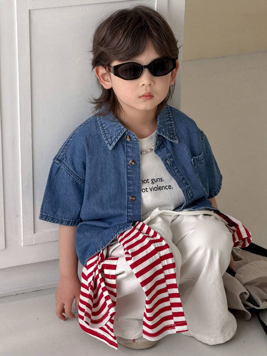 DAZY 男童休闲水洗短袖牛仔上衣 - 中等水洗藍 - 查看 1