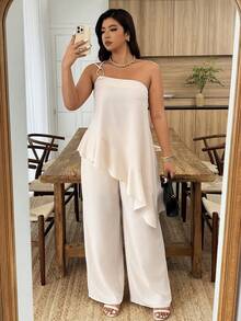 Weeklong Plus Size Women's One-Shoulder Metal Buckle Ruffle Hem Asymmetrical Hem Casual Suit, Suitable For Daily Wear, Spring/Summer - Apricot - View 5