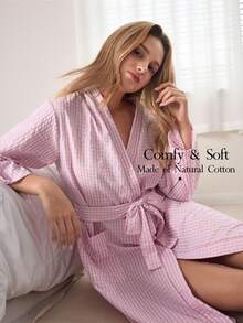Ocili Women's Plaid Long Sleeve Robe With Belt - Pink - View 1