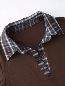 Lalippa New Retro 2 In 1 Plaid Patchwork Black Polo Collar Long Sleeve T-Shirt - Coffee Brown - View 3