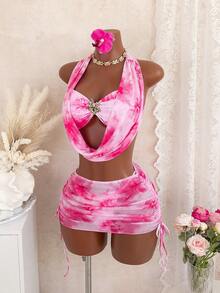 Swim Mod Set de 4 piezas: Top halter con efecto tie-dye y falda ajustado, conjunto casual de playa/vacaciones, primavera/verano - Multicolor - Ver 5