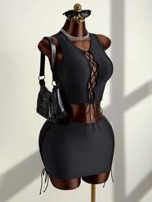 Zestiva Women's Cropped Camisole 2 Pieces Set With Tie-Up Straps And Hollow-Out Design, Adjustable - Black - View 3