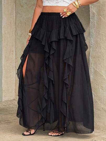 Rustia Tiefsitzender, Mini-Rock, Western, Urlaub, Sommer Damen Outfit, Strand Damen Outfits, asymmetrisch gerüschter, fließender Chiffon-Wickelrock, retro sexy A-Linien Midi-Rock, Punk Gothic asymmetrischer Saum Rock, hochgeschnittener, gerüschter Schlitzrock, asymmetrisch geschnittener, anliegender Rock, Designsinn