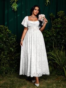 Roveilla 大码方领荷叶袖镂空提花雪纺优雅复古可爱度假派对连衣裙，飘逸裙摆 - 白色 - 查看 6