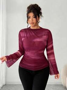 Elenzga 大码女式复古优雅修身褶皱渐变印花透视网纱弹力长袖打底T恤衫上衣，女士春秋服装女装女式长袖上衣 - 玫紅色 - 查看 6