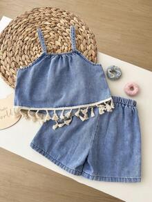 Blossori 2pcs/Set Young Girl'Blue Tassels Denim Camisole Top With Fringe Hem And Loose Shorts,Kid Girls Summer Spring Casual Country Boho Beach Outfits Set - Light Wash - View 2