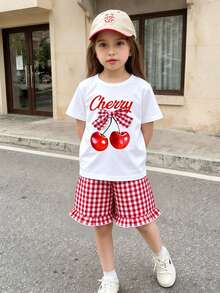 Souflis Souflis 2pcs/Set Young Girl Cherry Print Gingham Bow Decor T-Shirt And Ruffle Trim Gingham Short - Red and White - View 8