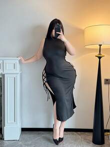 Flirla Plus Size Solid Color Sexy Lace-Up Split Dress - Black - View 4