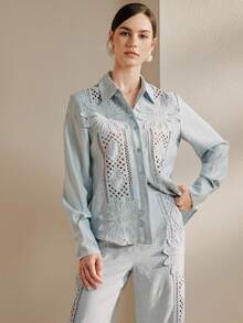 Anewsta Elegant Hollow Embroidered Lace Casual Outgoing Holiday Outfit, Unique Design, Women 2 Pieces Set - Blue - View 5