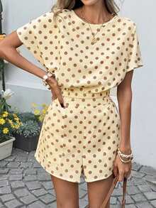 SHEIN LUNE 女士休闲波点短袖衬衫和短裤两件套，适合夏季、度假、通勤和日常穿着 - 鵝黃色 - 查看 3