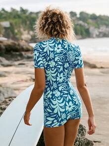 SHEIN Swim SPRTY 女士花卉性感紧身运动连体泳衣，沙滩装 女士沙滩装 - 綠色 - 查看 2