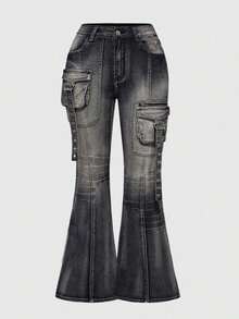 ROMWE Grunge Punk 大码女式做旧朋克金属铆钉超低腰喇叭牛仔裤 - 灰色 - 查看 1