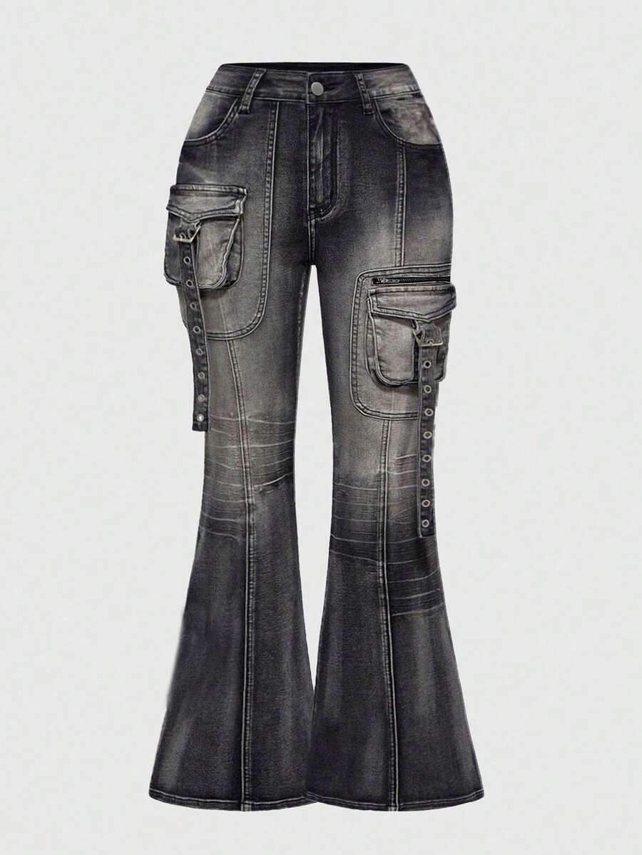 ROMWE Grunge Punk 大码女式做旧朋克金属铆钉超低腰喇叭牛仔裤 - 灰色 - 查看 1