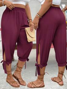 EMERY ROSE Plus Size High Waist Drawstring 7/8 Pants, Spring/Summer - Purple - View 1