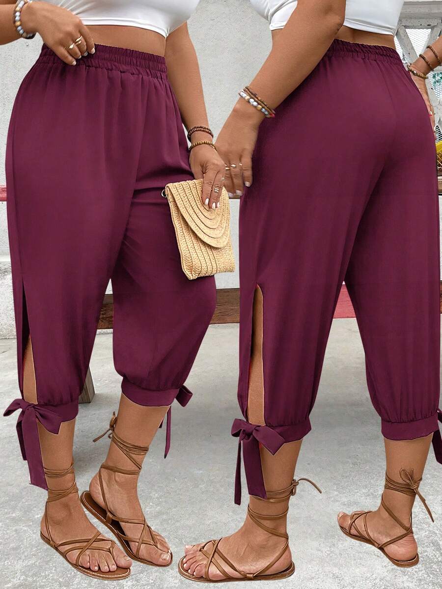 EMERY ROSE Plus Size High Waist Drawstring 7/8 Pants, Spring/Summer - Purple - View 1