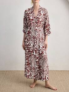 Ocili Bata cómoda y minimalista de mezcla de algodón con estampado de cadena, con cinturón de amarre, ropa de dormir para mujer, elegante para otoño - Color caoba - Ver 6