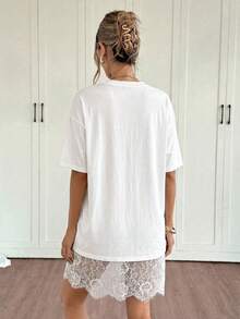 Siren Gaze Women's Round Neck Short Sleeve Contrast Lace Loose Mini Dress,Summer Dresses For Women - White - View 2