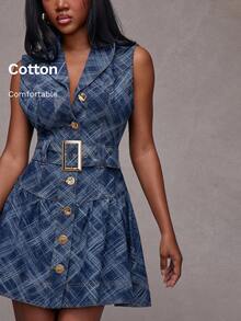 NYA SZN Đầm denim kẻ caro cài cúc dáng ngắn - Rửa tối - Xem 1