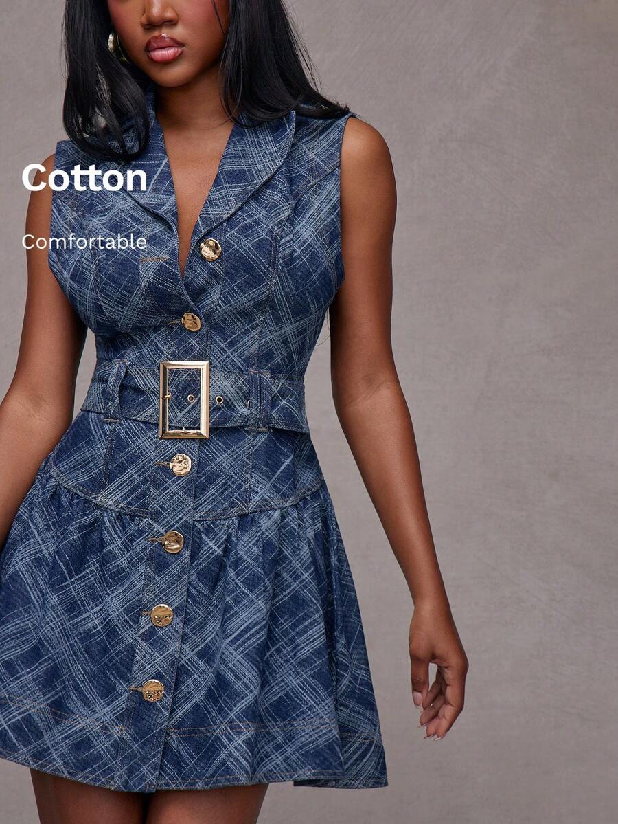 NYA SZN Đầm denim kẻ caro cài cúc dáng ngắn - Rửa tối - Xem 1