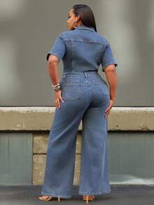 NYA SZN Denim Plus Short Sleeve Jumpsuit,Cotton Dusky Blue Summer Casual Everyday Fitted Contrast Stitch Teacher Concert Festival Business Elegant Luxury - Medium Wash - View 2