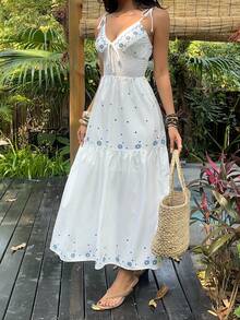 SHEIN SunnyBelle Đầm không tay cổ chữ V in họa tiết xanh trắng, phong cách thường ngày dành cho nữ, thích hợp cho kỳ nghỉ xuân/hè. - Xanh và trắng - Xem 7