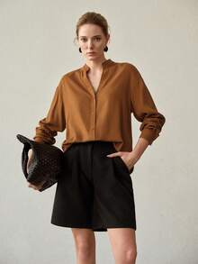 MOTF PREMIUM BROWN NOTCH NECK LOOSE CASUAL VINTAGE STYLE BLOUSE FOR WOMEN, SUITABLE FOR WORK AND EVERYDAY WEAR, SPRING/SUMMER - Brown - View 5