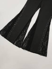 Levarali Damen Schwarze Herbst Klassisch Elegant Party Spitze Strass Schlaghose, Einfarbig Glockenform Petite Business lässig Arbeits Stilvoll - Schwarz - Übersicht 5