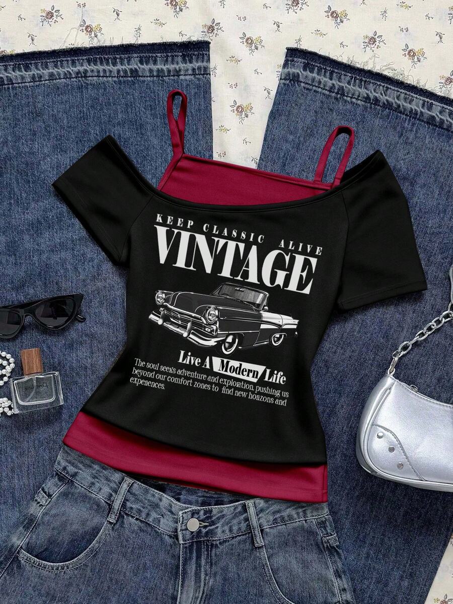 Attitoon Women's Casual Retro Contrast Color Short Sleeve T-Shirt With Vintage Car Pattern,Summer Top - Red and Black - View 1
