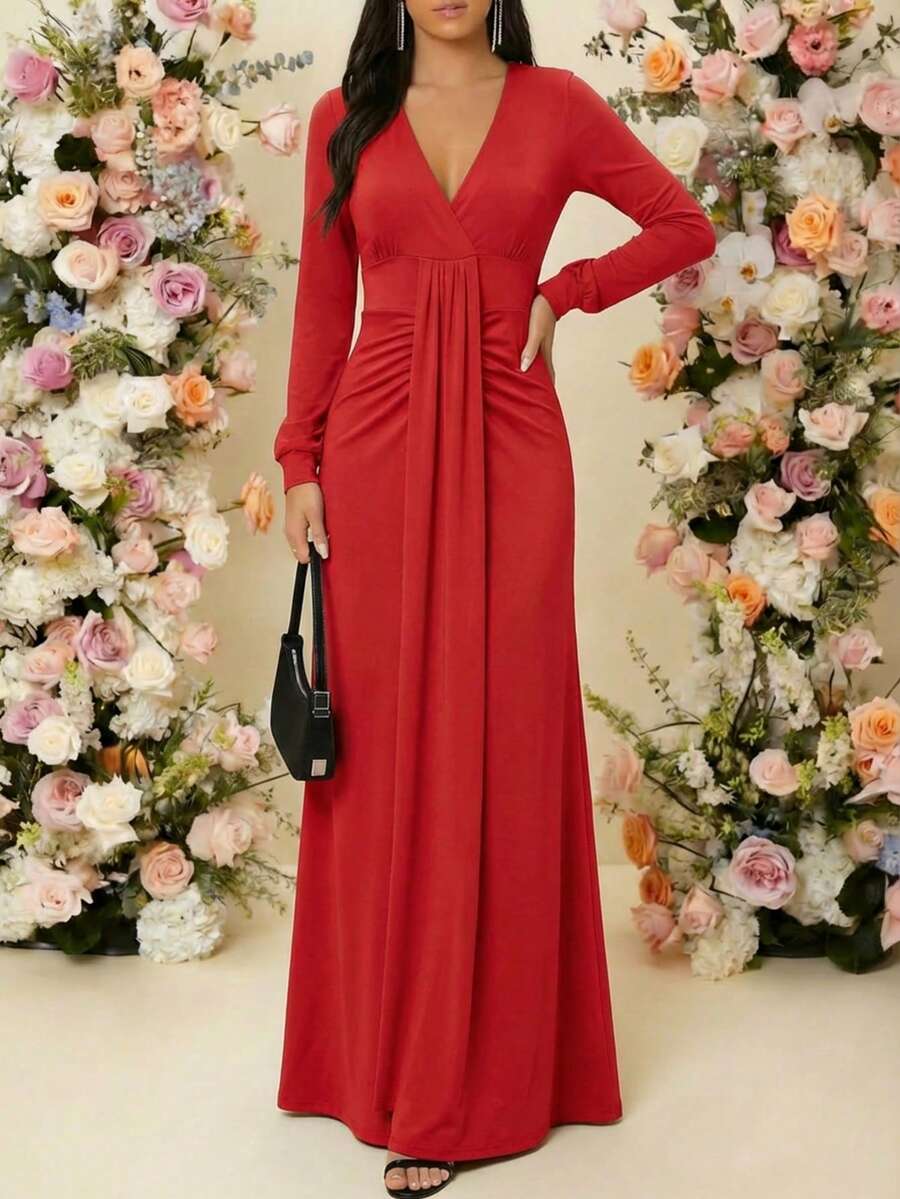 Vestido de Fiesta Largo Elegante de Manga Larga con Escote V y Detalle Fruncido | Perfecto para Bodas, Galas, y Eventos Nocturnos - Rojo - Ver 1