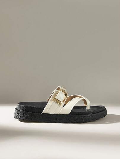 Solecia New Fashion Metal Buckle Decor, Open Toe, Platform Thick Bottom Slippers, Fashionable Slides, Comfortable Non-Slip, Versatile & Easy To Clean Beach Sandals, Suitable For Daily Wear